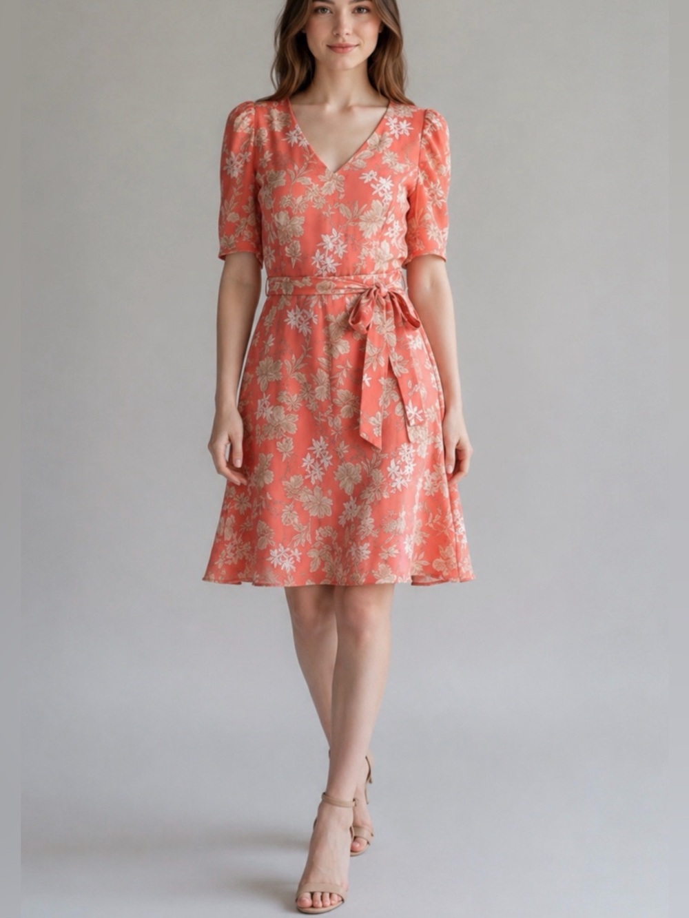 Tommy Hilfiger Coral Floral V-Neck Midi Dress
